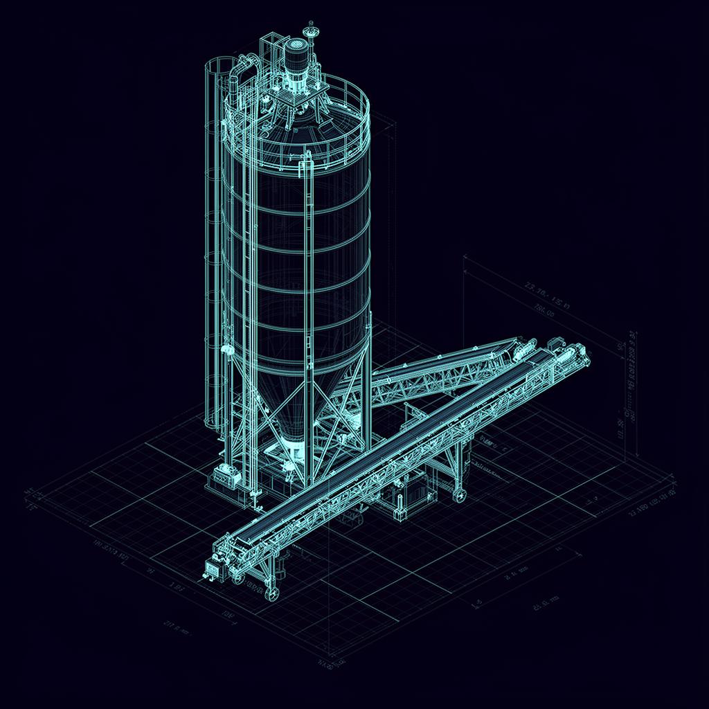 Ilustração técnica blueprint de silo e transportador industrial